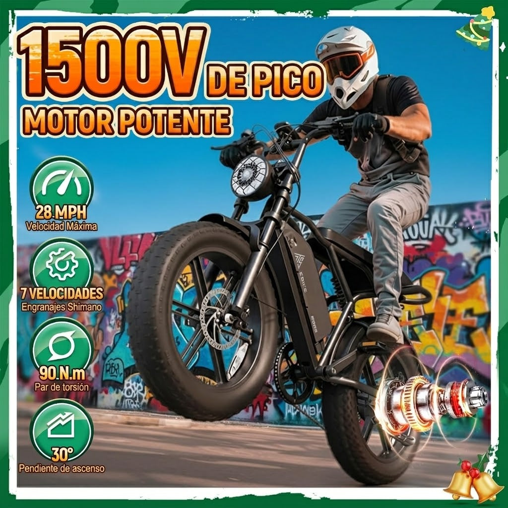 🔥Bicicleta Eléctrica para Adultos 750W (1500W Pico), Batería 48V 15Ah, Fat Tire 20” x 4”, Suspensión Doble y 7 Velocidades🔥