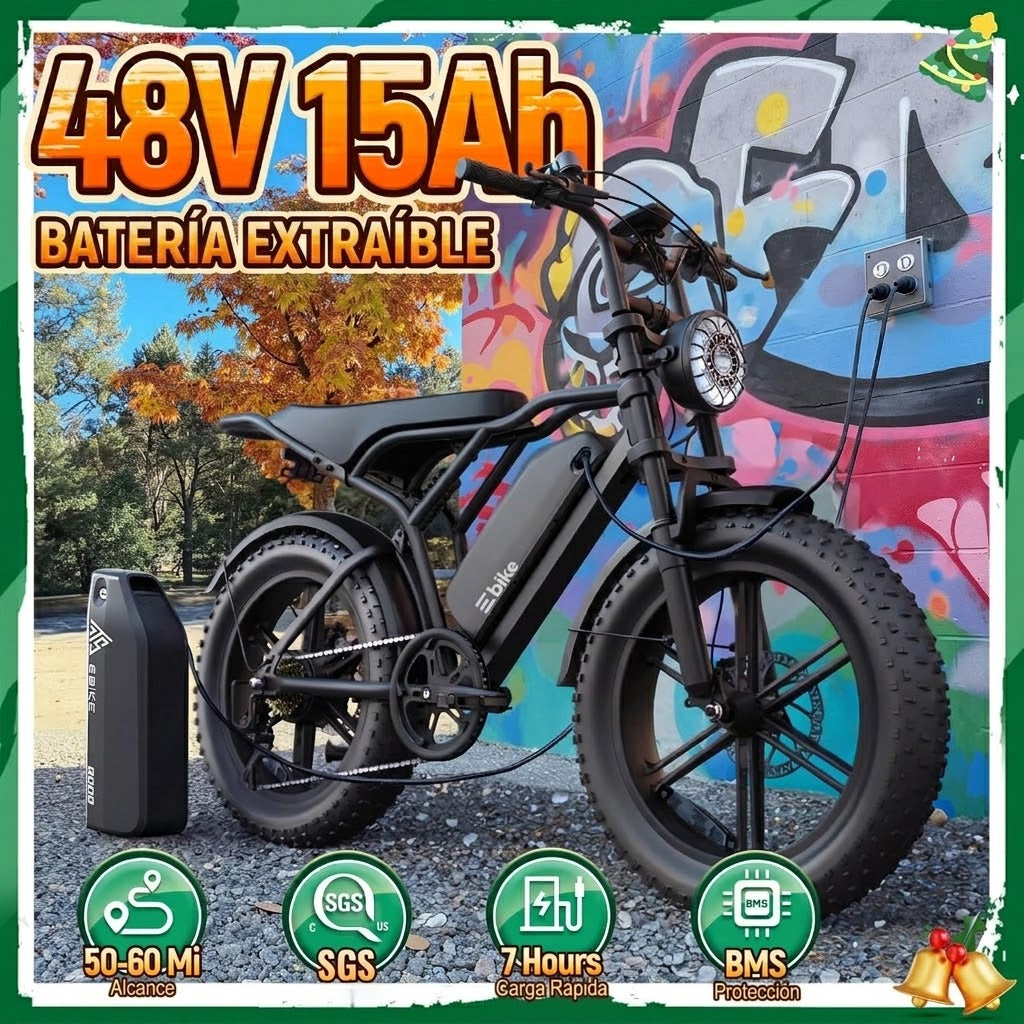 🔥Bicicleta Eléctrica para Adultos 750W (1500W Pico), Batería 48V 15Ah, Fat Tire 20” x 4”, Suspensión Doble y 7 Velocidades🔥