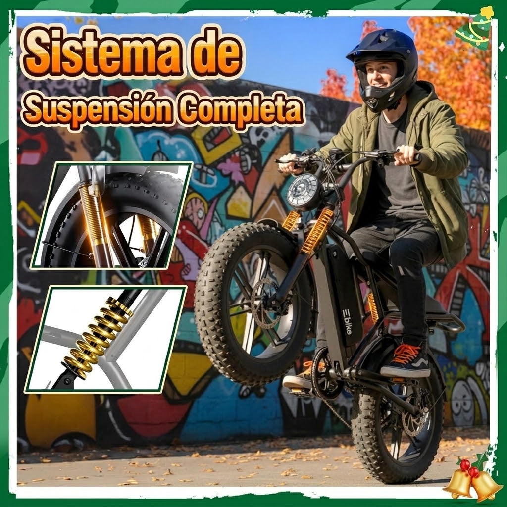 🔥Bicicleta Eléctrica para Adultos 750W (1500W Pico), Batería 48V 15Ah, Fat Tire 20” x 4”, Suspensión Doble y 7 Velocidades🔥