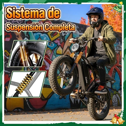 🔥Bicicleta Eléctrica para Adultos 750W (1500W Pico), Batería 48V 15Ah, Fat Tire 20” x 4”, Suspensión Doble y 7 Velocidades🔥