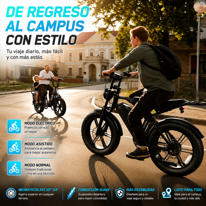 🔥 Bicicleta Eléctrica para Adultos 1500W, Batería 48V 15Ah, Llantas Fat Tire 20" 🔥