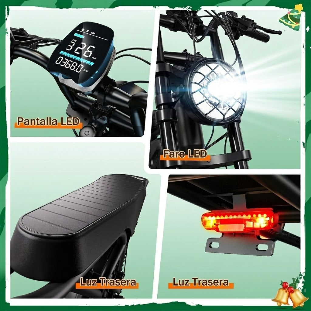 🔥Bicicleta Eléctrica para Adultos 750W (1500W Pico), Batería 48V 15Ah, Fat Tire 20” x 4”, Suspensión Doble y 7 Velocidades🔥